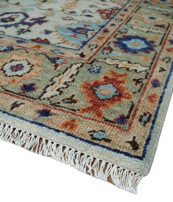 Turkish Knot Ivory and Green Colorful Traditional Multi Size Hand knotted Oushak Rug