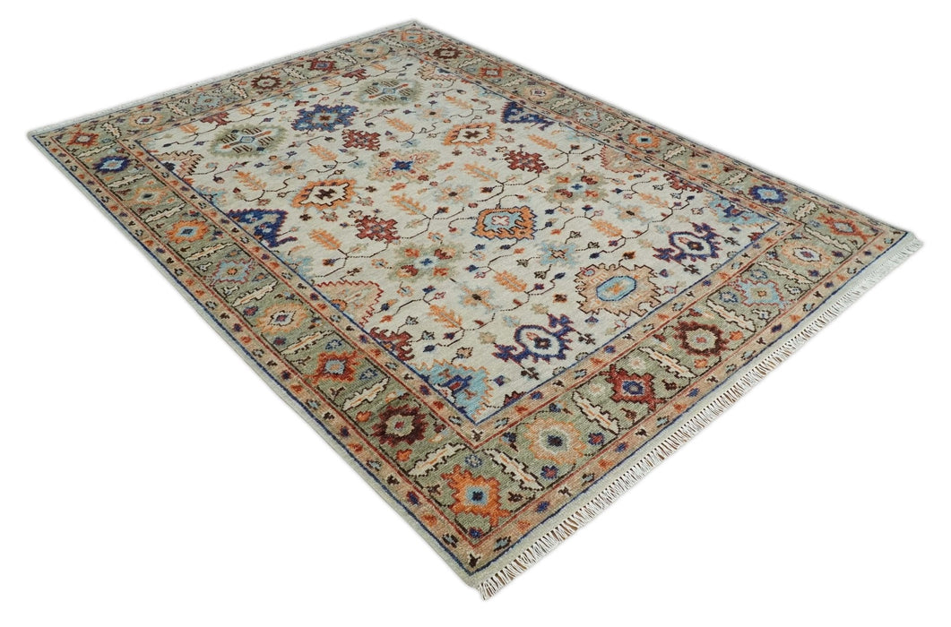 Turkish Knot Ivory and Green Colorful Traditional Multi Size Hand knotted Oushak Rug