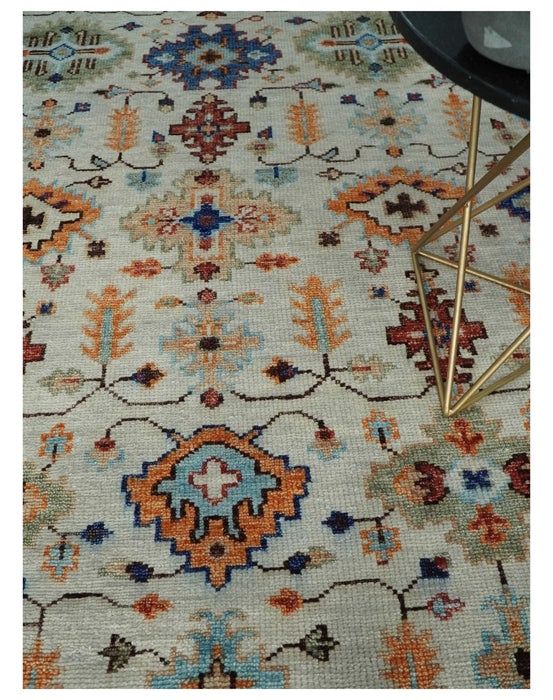 Turkish Knot Ivory and Green Colorful Traditional Multi Size Hand knotted Oushak Rug