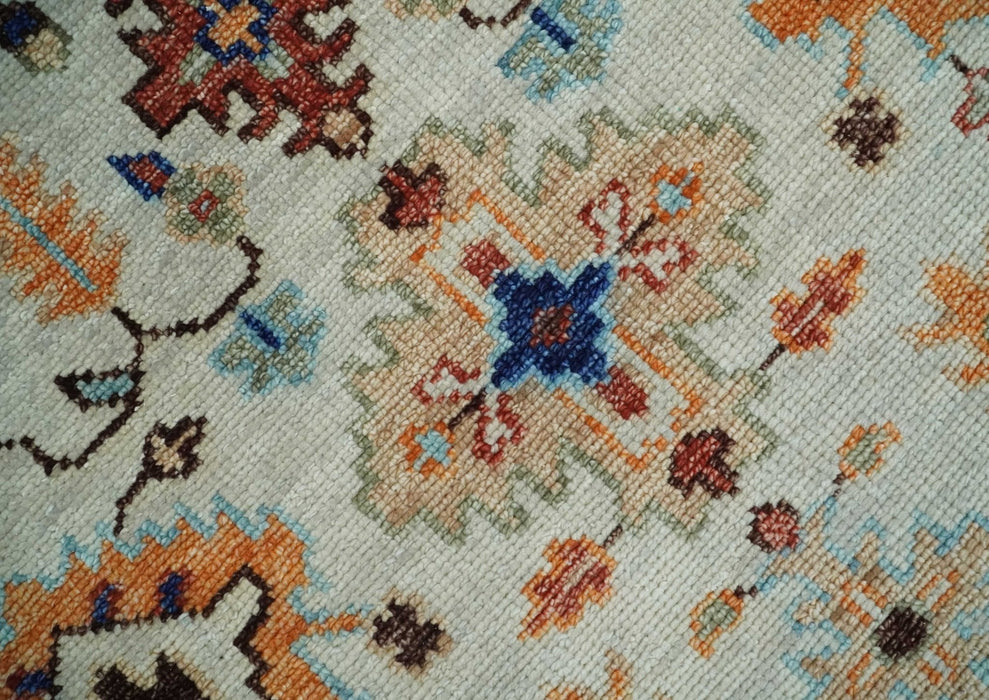 Turkish Knot Ivory and Green Colorful Traditional Multi Size Hand knotted Oushak Rug