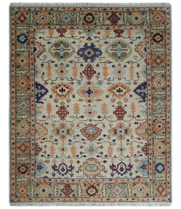 Turkish Knot Ivory and Green Colorful Traditional Multi Size Hand knotted Oushak Rug