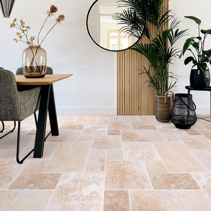 Tuscany Beige Travertine Tiles 4 sized Pattern Brushed and Chiseled - Belair Collection