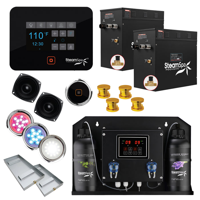 Black Series WiFi and Bluetooth 2 x 12kW QuickStart Steam Bath Generator Package with Dual Aroma Pump in Gold