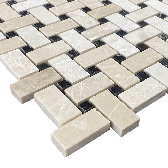 Vanilla Beige Marble Basketweave Design on 12" x 12" Mesh Mosaic Tile - Belair Collection
