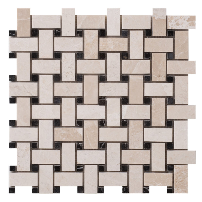 Vanilla Beige Marble Basketweave Design on 12" x 12" Mesh Mosaic Tile - Belair Collection