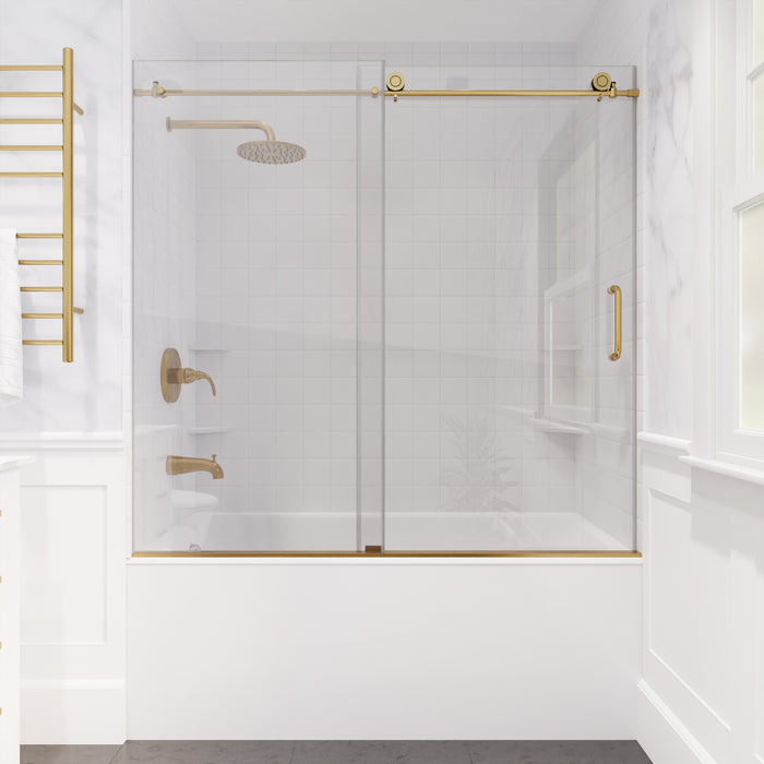 Raymore Series 60 in. x 62 in. Frameless Sliding Tub Door in Brushed Gold