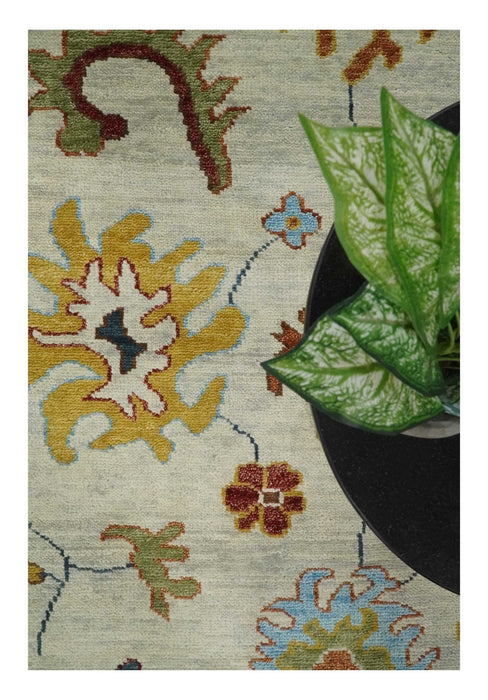 Vibrant Colorful Hand Knotted Ivory, Teal and Rust Traditional Oushak Multi size Wool Area Rug