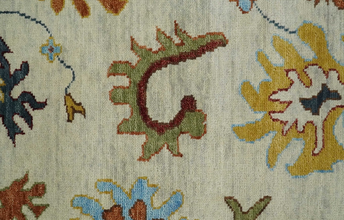Vibrant Colorful Hand Knotted Ivory, Teal and Rust Traditional Oushak Multi size Wool Area Rug
