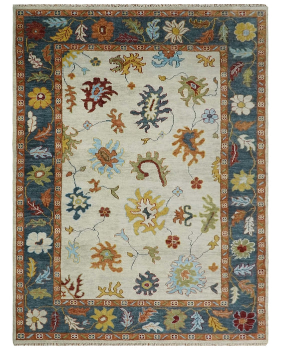Vibrant Colorful Hand Knotted Ivory, Teal and Rust Traditional Oushak Multi size Wool Area Rug