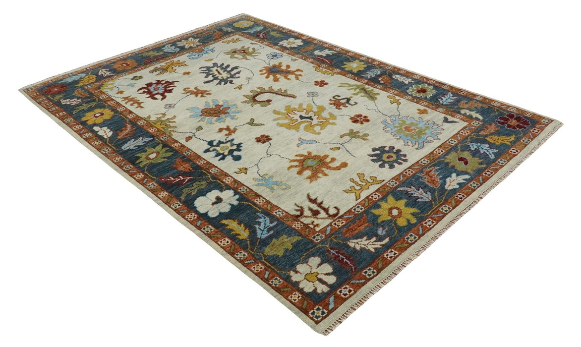 Vibrant Colorful Hand Knotted Ivory, Teal and Rust Traditional Oushak Multi size Wool Area Rug