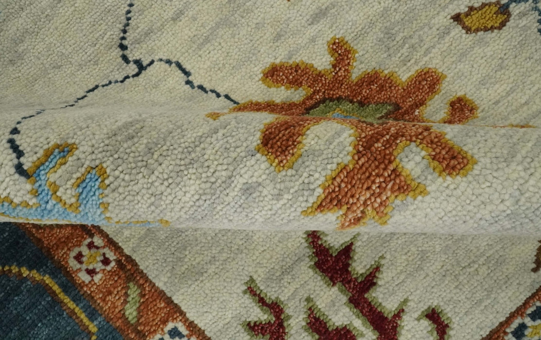 Vibrant Colorful Hand Knotted Ivory, Teal and Rust Traditional Oushak Multi size Wool Area Rug