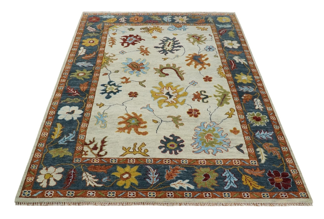 Vibrant Colorful Hand Knotted Ivory, Teal and Rust Traditional Oushak Multi size Wool Area Rug