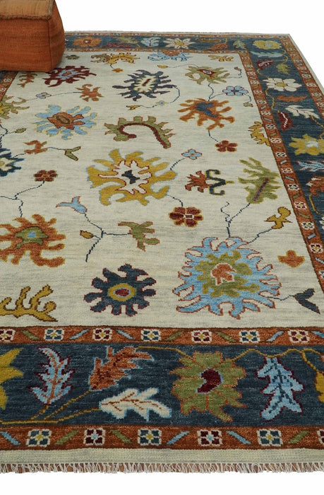Vibrant Colorful Hand Knotted Ivory, Teal and Rust Traditional Oushak Multi size Wool Area Rug