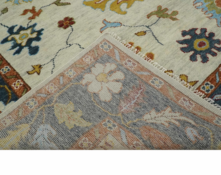 Vibrant Colorful Hand Knotted Ivory, Teal and Rust Traditional Oushak Multi size Wool Area Rug