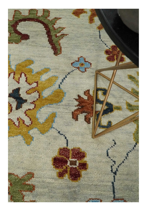 Vibrant Colorful Hand Knotted Ivory, Teal and Rust Traditional Oushak Multi size Wool Area Rug