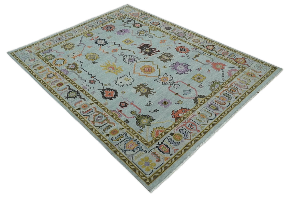 Vibrant Colorful Aqua and Green Hand knotted Traditional Oushak 8x10 wool area Rug