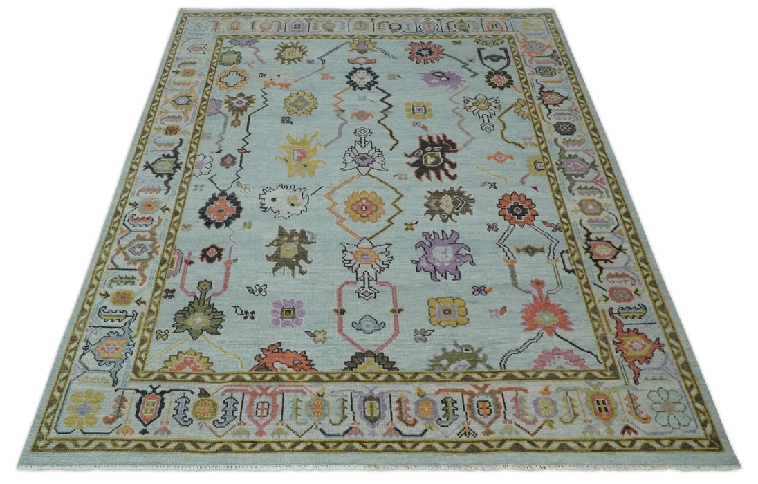 Vibrant Colorful Aqua and Green Hand knotted Traditional Oushak 8x10 wool area Rug
