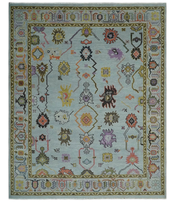 Vibrant Colorful Aqua and Green Hand knotted Traditional Oushak 8x10 wool area Rug