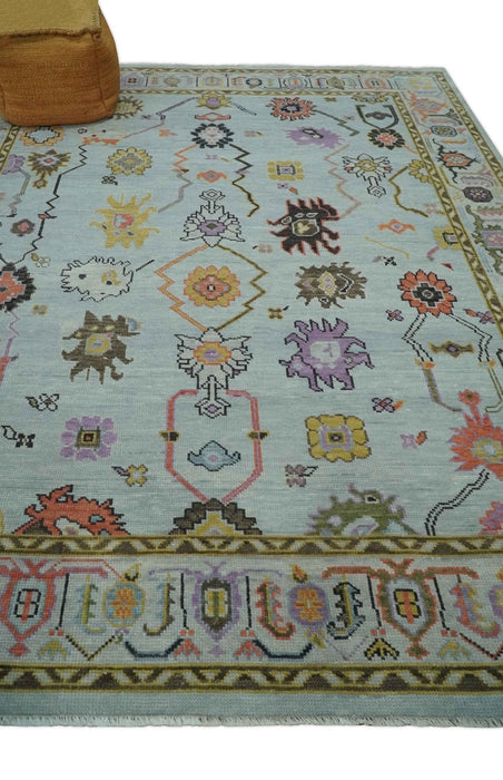 Vibrant Colorful Aqua and Green Hand knotted Traditional Oushak 8x10 wool area Rug