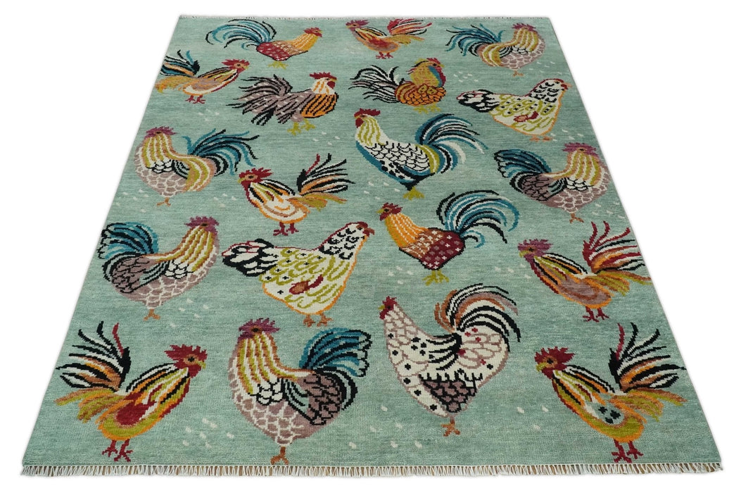 Vibrant Colorful Beautiful Chicken Bird Sage, Ivory, Gold and Brown Hand Knotted Multi Size Wool Area Rug
