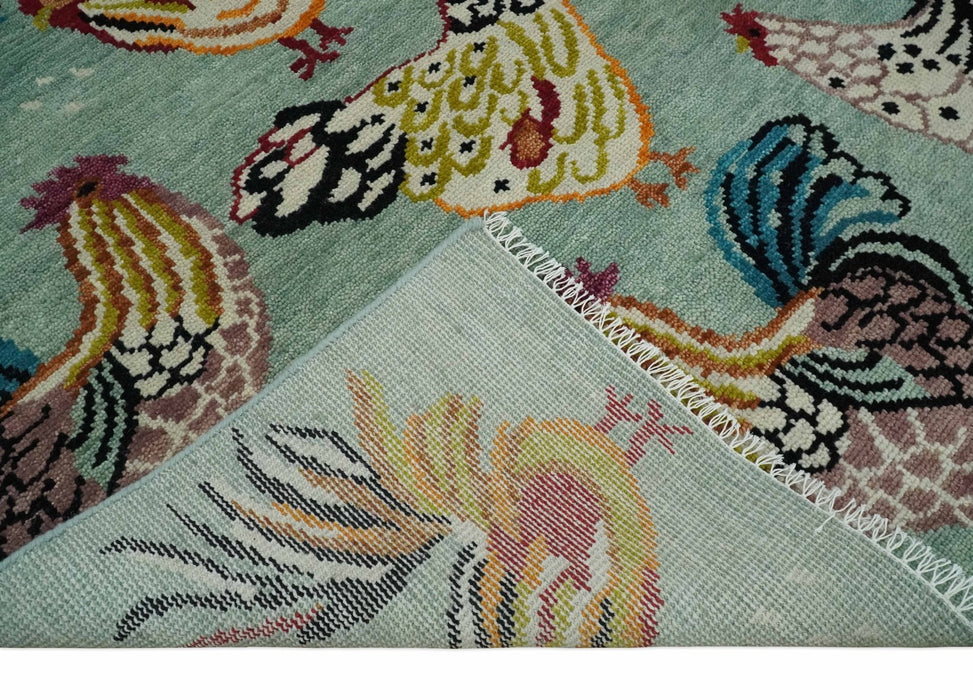 Vibrant Colorful Beautiful Chicken Bird Sage, Ivory, Gold and Brown Hand Knotted Multi Size Wool Area Rug