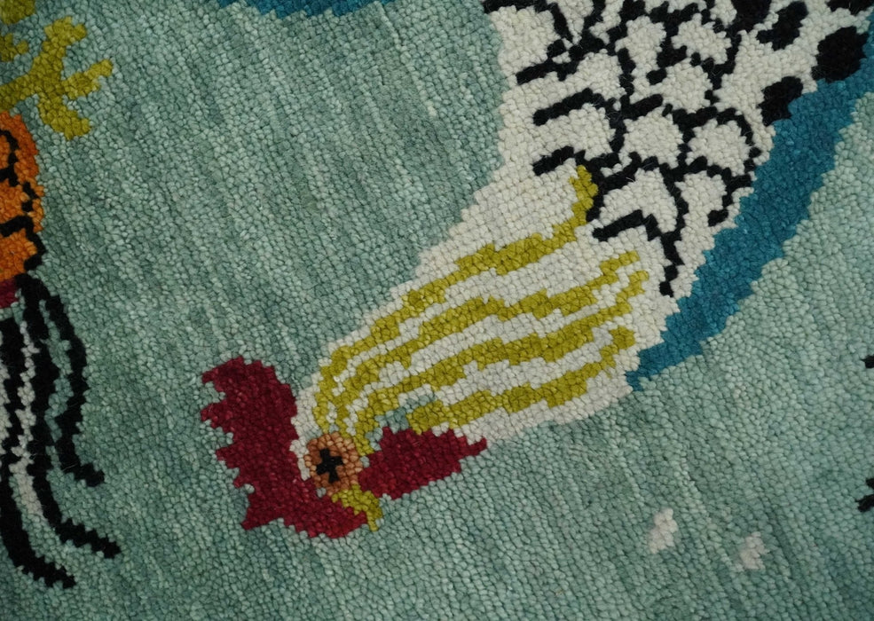 Vibrant Colorful Beautiful chicken Light Green, Ivory, Gold and Brown Hand Knotted 8x10 Wool Area Rug