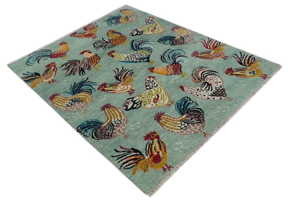 Vibrant Colorful Beautiful chicken Light Green, Ivory, Gold and Brown Hand Knotted 8x10 Wool Area Rug
