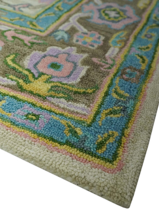 Vibrant Colorful Beige, Blue and Purple Traditional Floral Hand Tufted 8x10 wool rug