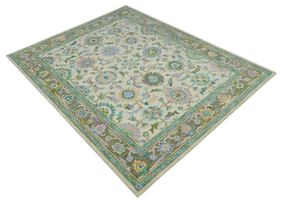 Vibrant Colorful Beige, Blue and Purple Traditional Floral Hand Tufted 8x10 wool rug