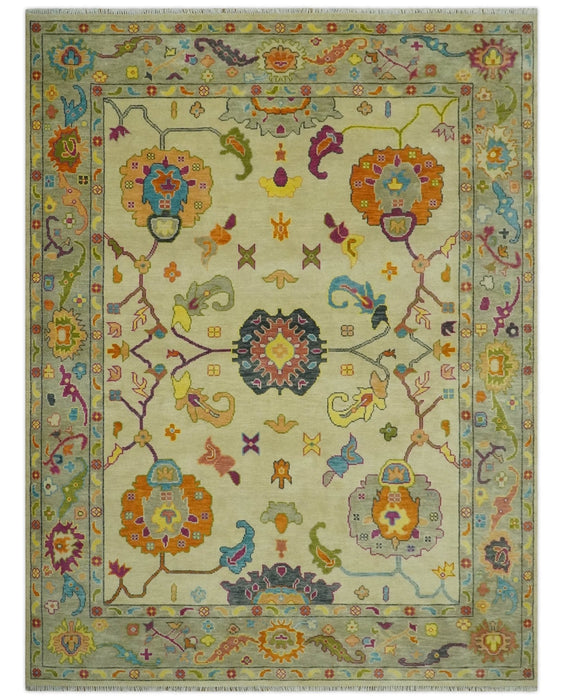 Vibrant Colorful Beige, Silver, Orange and Mustard Hand Knotted 9x12 Wool Area Rug