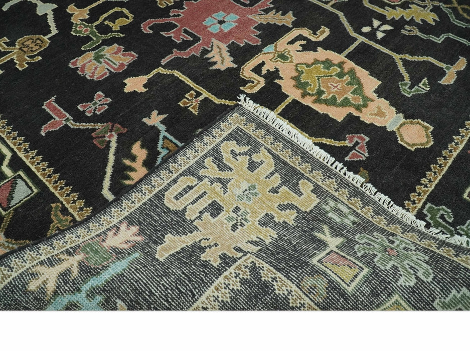 Vibrant Colorful Black 8x10 Hand Knotted Traditional Oushak wool area rug