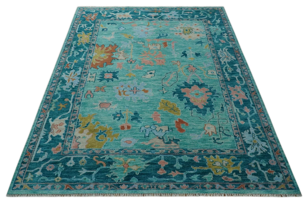 Vibrant Colorful Blue and Green Hand knotted 9x12 wool Area Rug