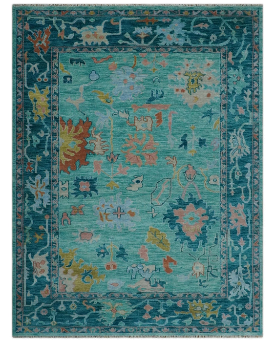 Vibrant Colorful Blue and Green Hand knotted 9x12 wool Area Rug