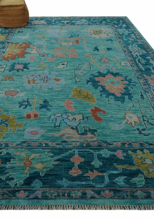 Vibrant Colorful Blue and Green Hand knotted 9x12 wool Area Rug