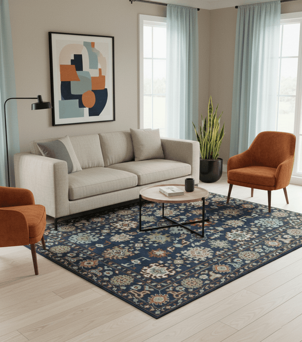 Vibrant colorful Blue, Rust, Ivory and Olive Hand knotted Traditional Oushak Custom Made wool Area Rug