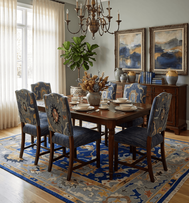 Vibrant Colorful Blue, Silver and Mustard Hand knotted Traditional Oushak 8x10 wool Area Rug
