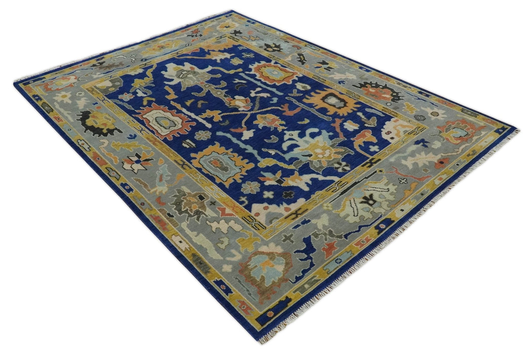 Vibrant Colorful Blue, Silver and Mustard Hand knotted Traditional Oushak Multi Size wool Area Rug