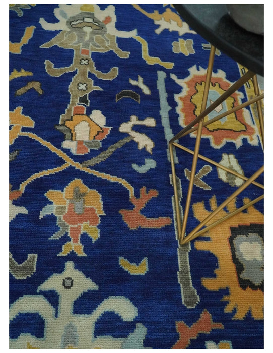 Vibrant Colorful Blue, Silver and Mustard Hand knotted Traditional Oushak Multi Size wool Area Rug