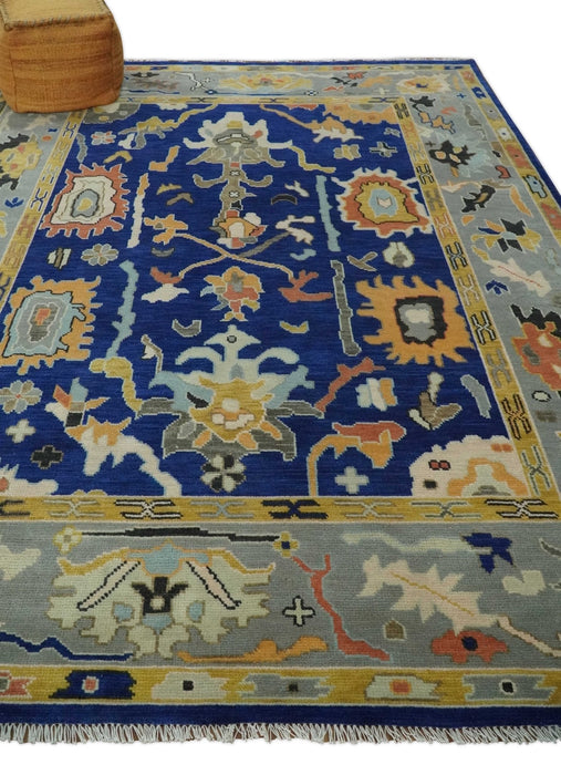 Vibrant Colorful Blue, Silver and Mustard Hand knotted Traditional Oushak Multi Size wool Area Rug