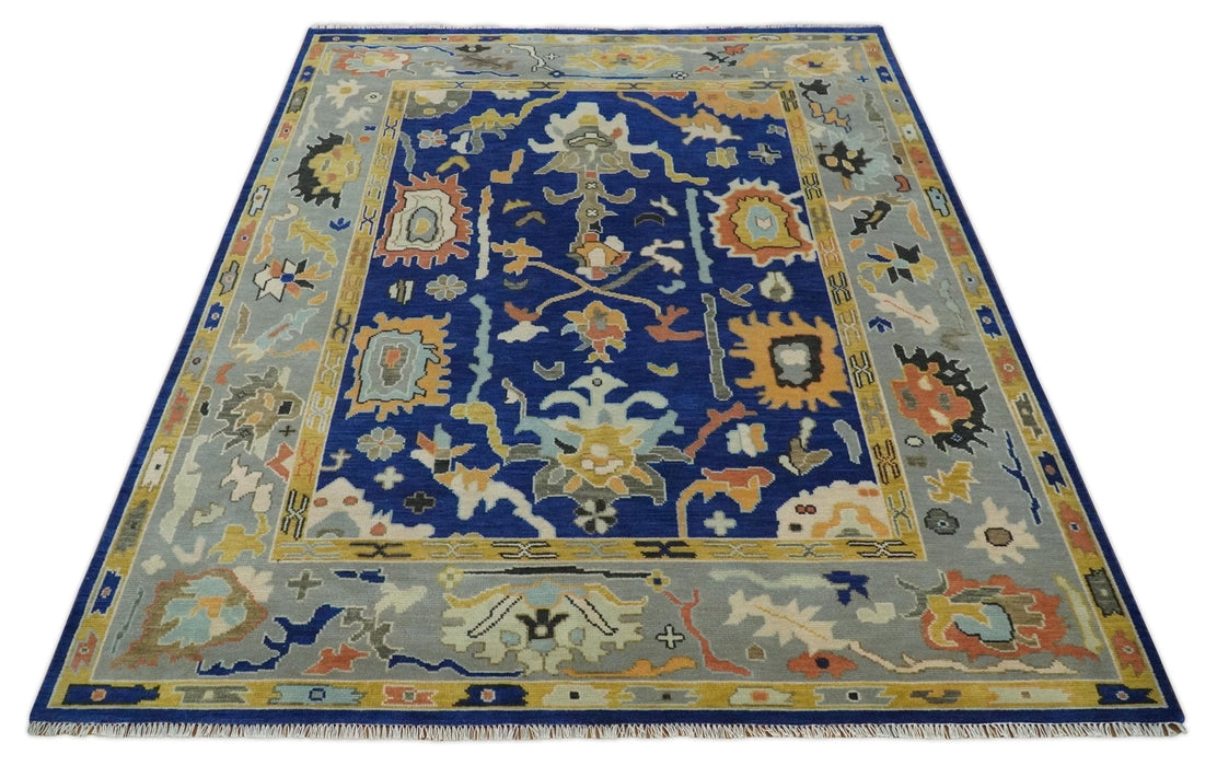 Vibrant Colorful Blue, Silver and Mustard Hand knotted Traditional Oushak Multi Size wool Area Rug