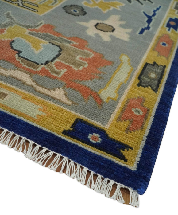 Vibrant Colorful Blue, Silver and Mustard Hand knotted Traditional Oushak Multi Size wool Area Rug