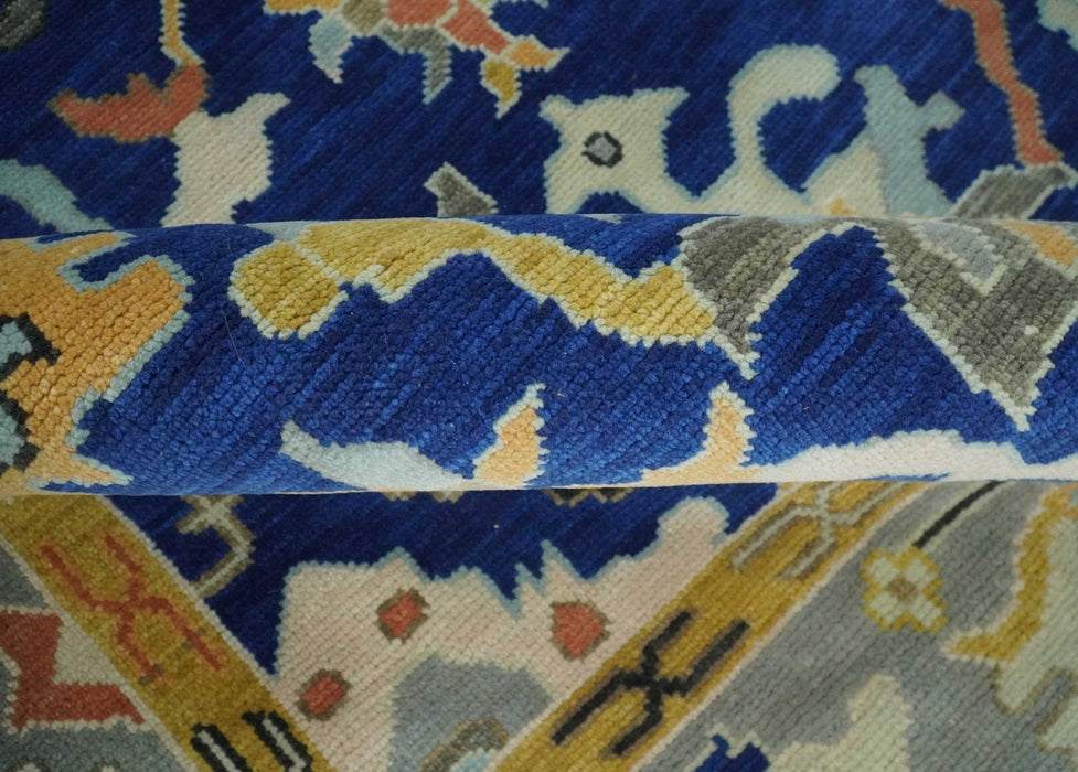 Vibrant Colorful Blue, Silver and Mustard Hand knotted Traditional Oushak Multi Size wool Area Rug