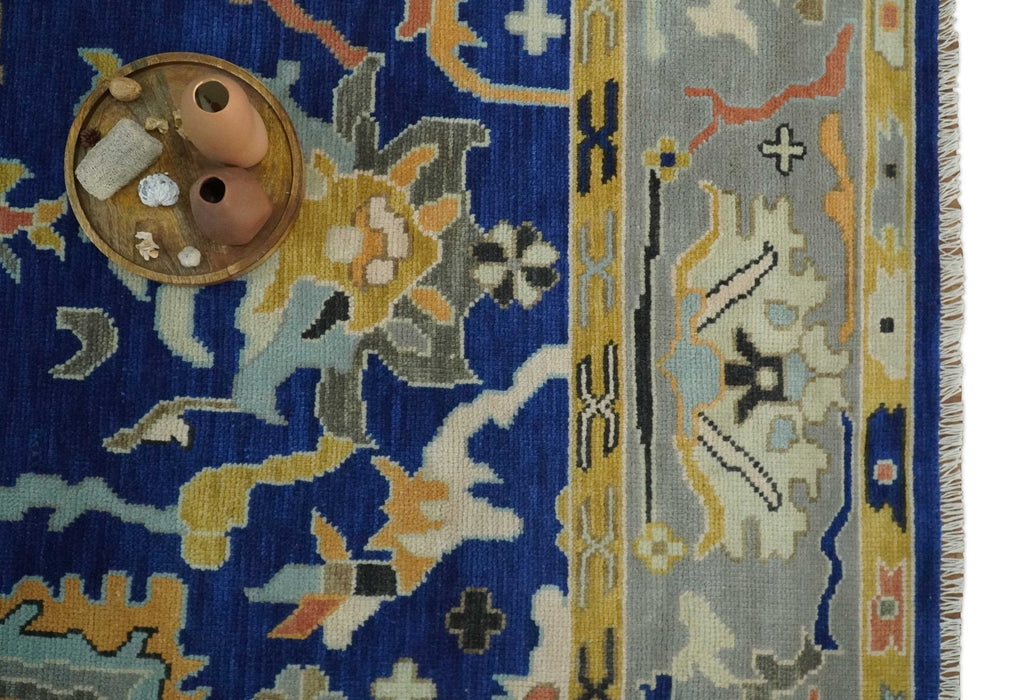 Vibrant Colorful Blue, Silver and Mustard Hand knotted Traditional Oushak Multi Size wool Area Rug