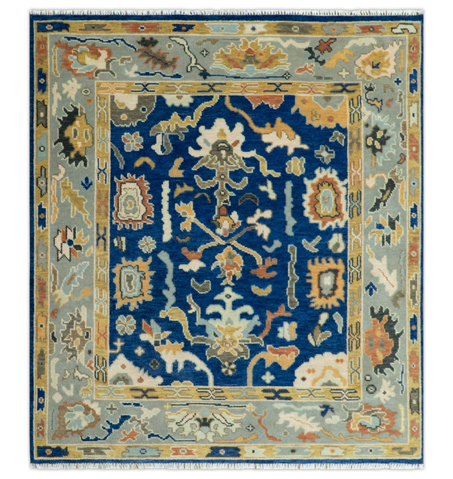 Vibrant Colorful Blue, Silver and Mustard Hand knotted Traditional Oushak Multi Size wool Area Rug