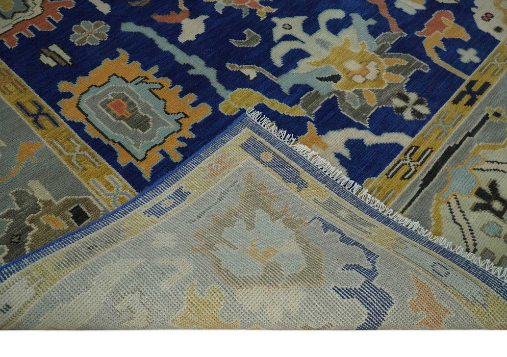Vibrant Colorful Blue, Silver and Mustard Hand knotted Traditional Oushak Multi Size wool Area Rug