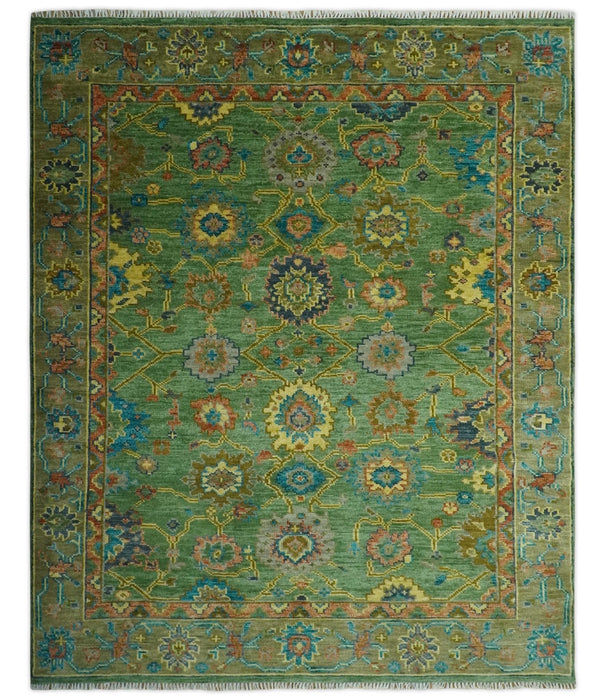 Vibrant colorful Green 8x10 Hand Knotted Traditional Oriental Oushak wool Area Rug