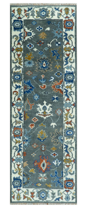 Vibrant Colorful Hand Knotted Charcoal, Ivory, Blue and Rust Traditional Oushak Multi Size wool Area Rug