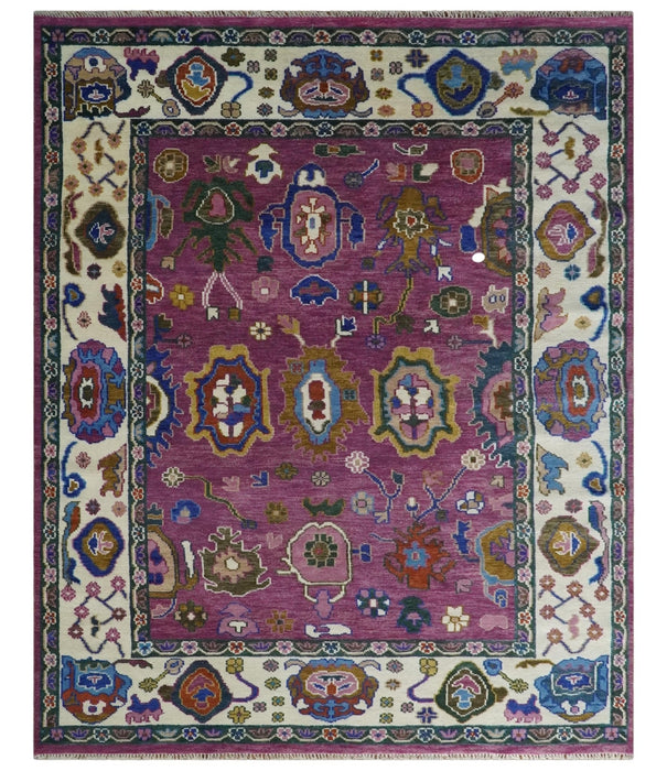 Vibrant Colorful Hand knotted Purple and Ivory Oushak wool Area Rug
