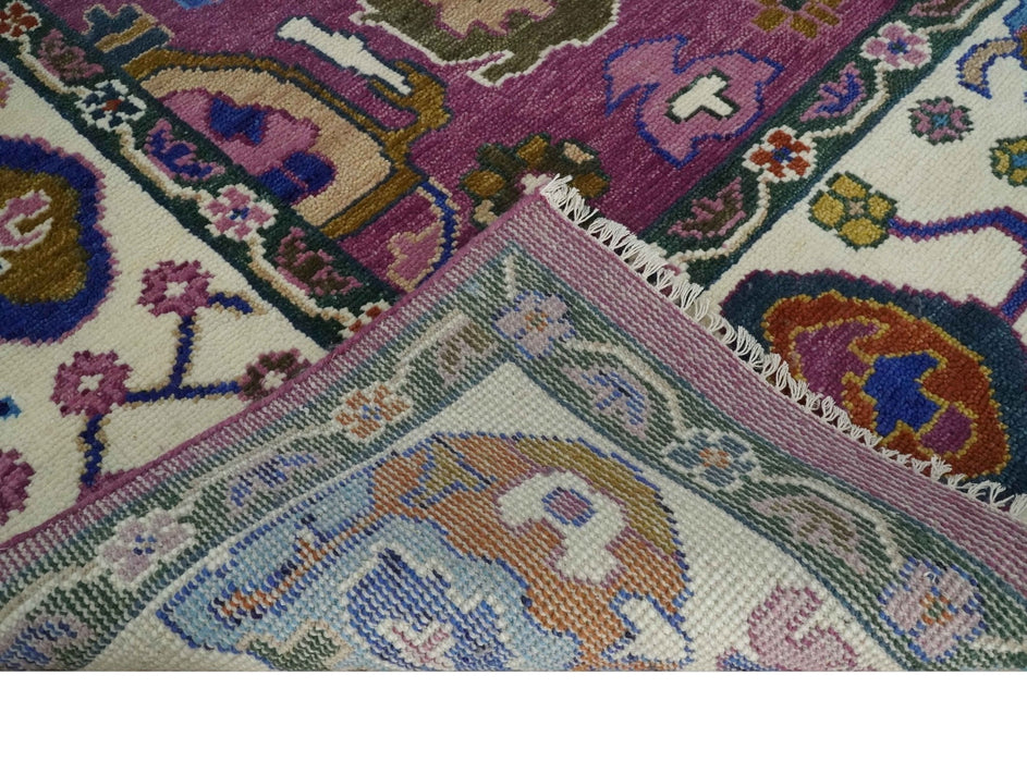 Vibrant Colorful Hand knotted Purple and Ivory Oushak wool Area Rug
