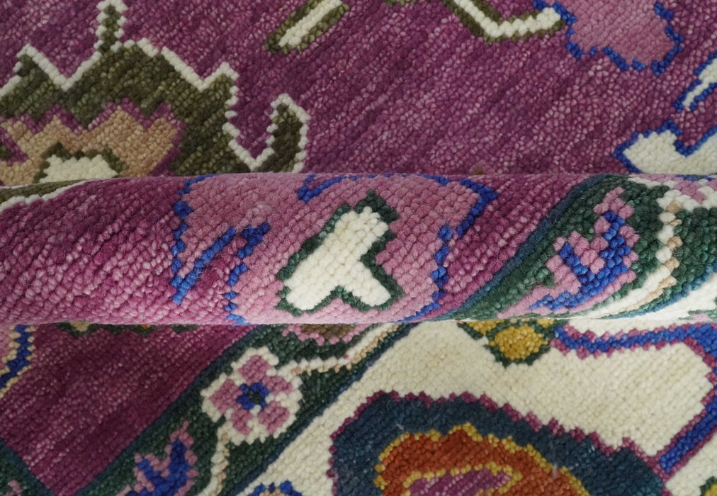 Vibrant Colorful Hand knotted Purple and Ivory Oushak wool Area Rug